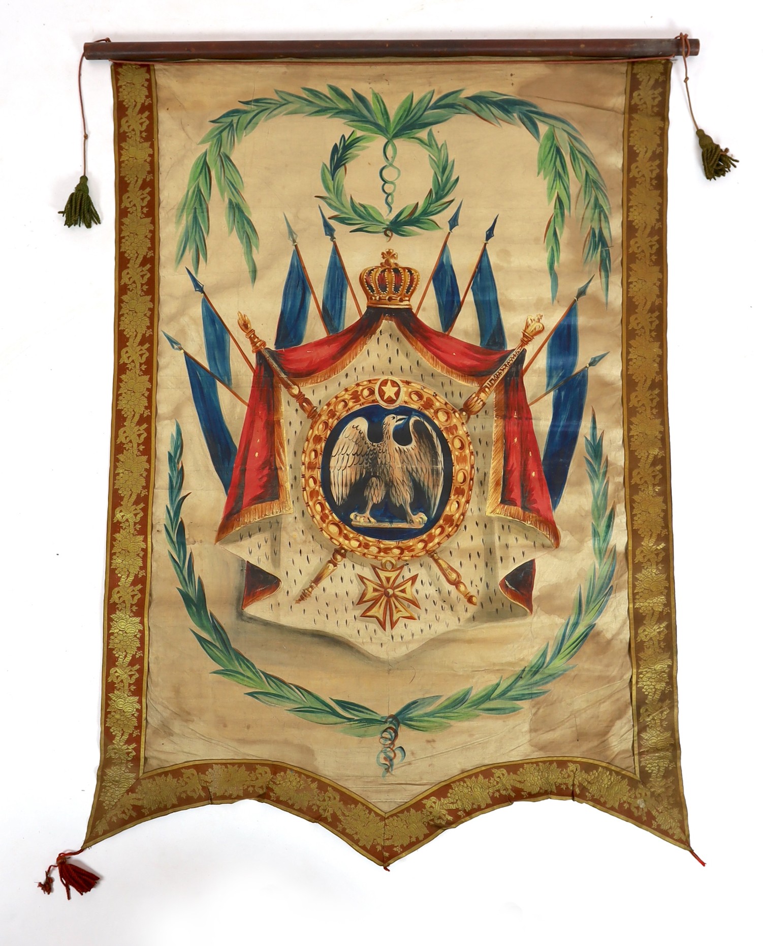 Nine mid 19th century Royal heraldic banners, each approximately 150cms x 50cm